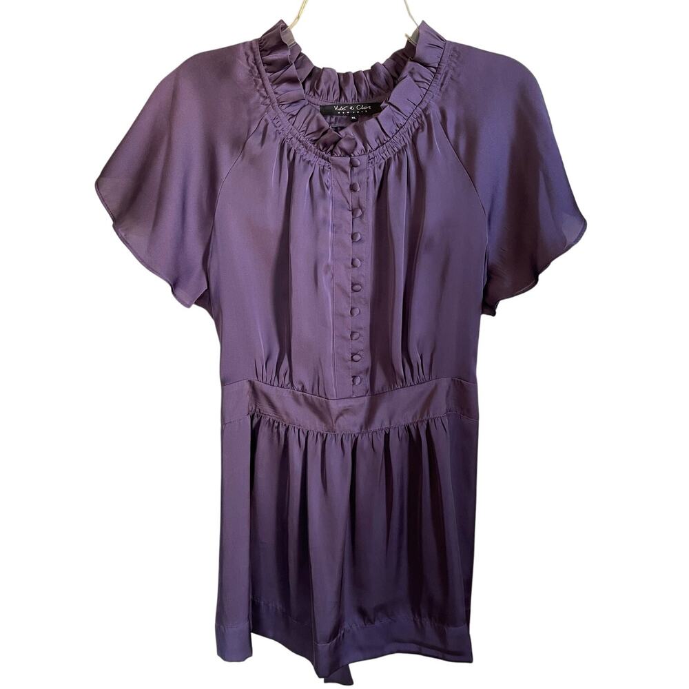 Violet & Claire New York Satin Top Tie Back Size XL Ruffle Collar Buttons Purple